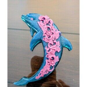 Handmade Resin Dolphin Wall Decor - Teal Glitter & Pink Filigree Accents